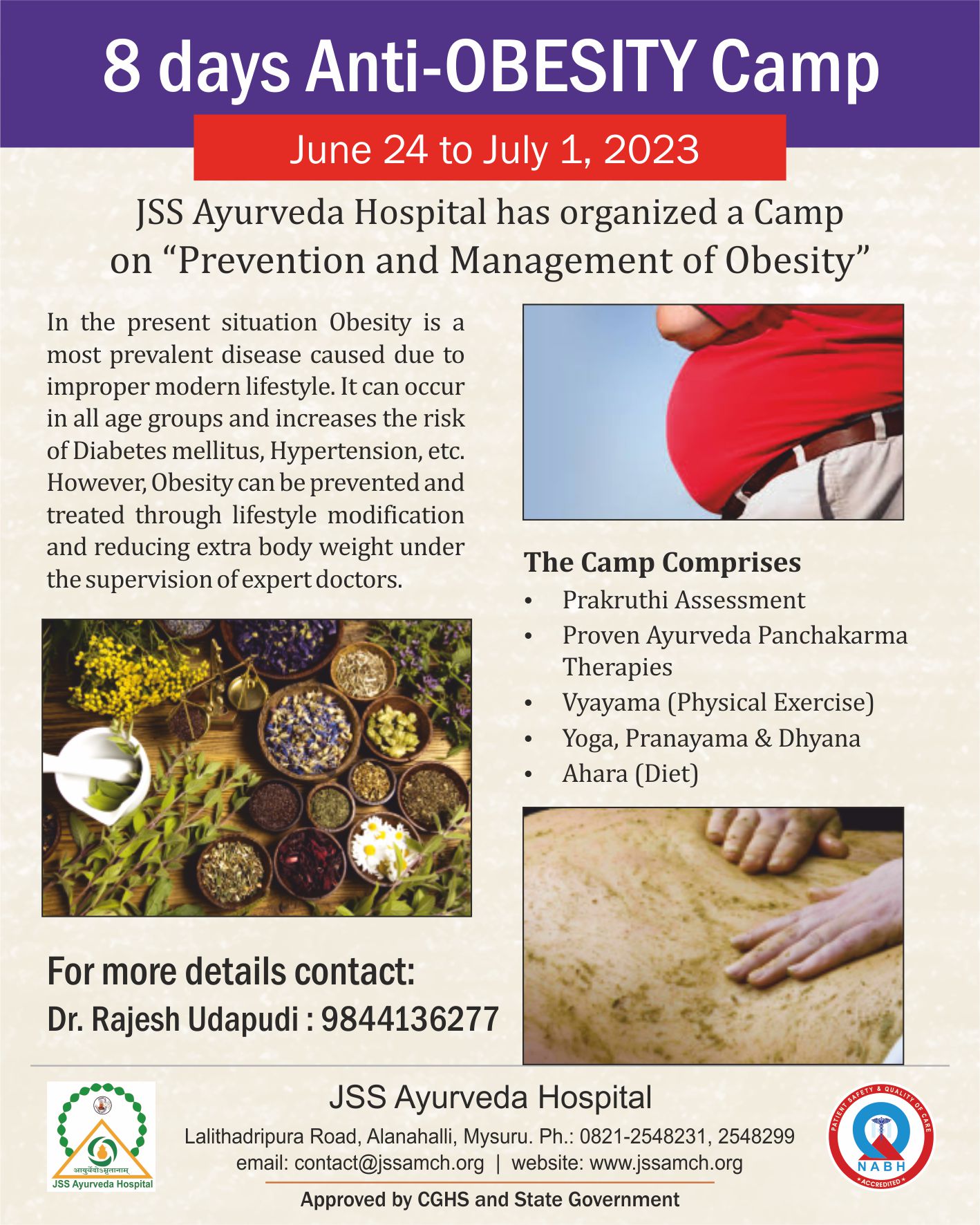 JSS Ayurveda Hospital has organized 8-days Camp on “Prevention and Management of Obesity” From June 24 to July 01, 2023